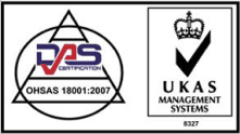 A logo featuring an outlined triangle with "DAS Certification" and "OHSAS 18001:2007" inside. Next to it is a rectangle containing a crown symbol with "UKAS Management Systems" below and a checkmark above "8327.