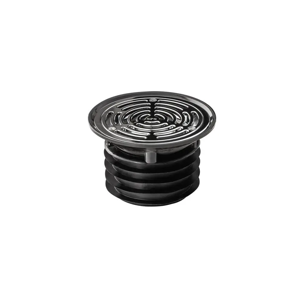 A round, silver metal floor drain with a slotted cover and a black ribbed base, isolated on a white background.