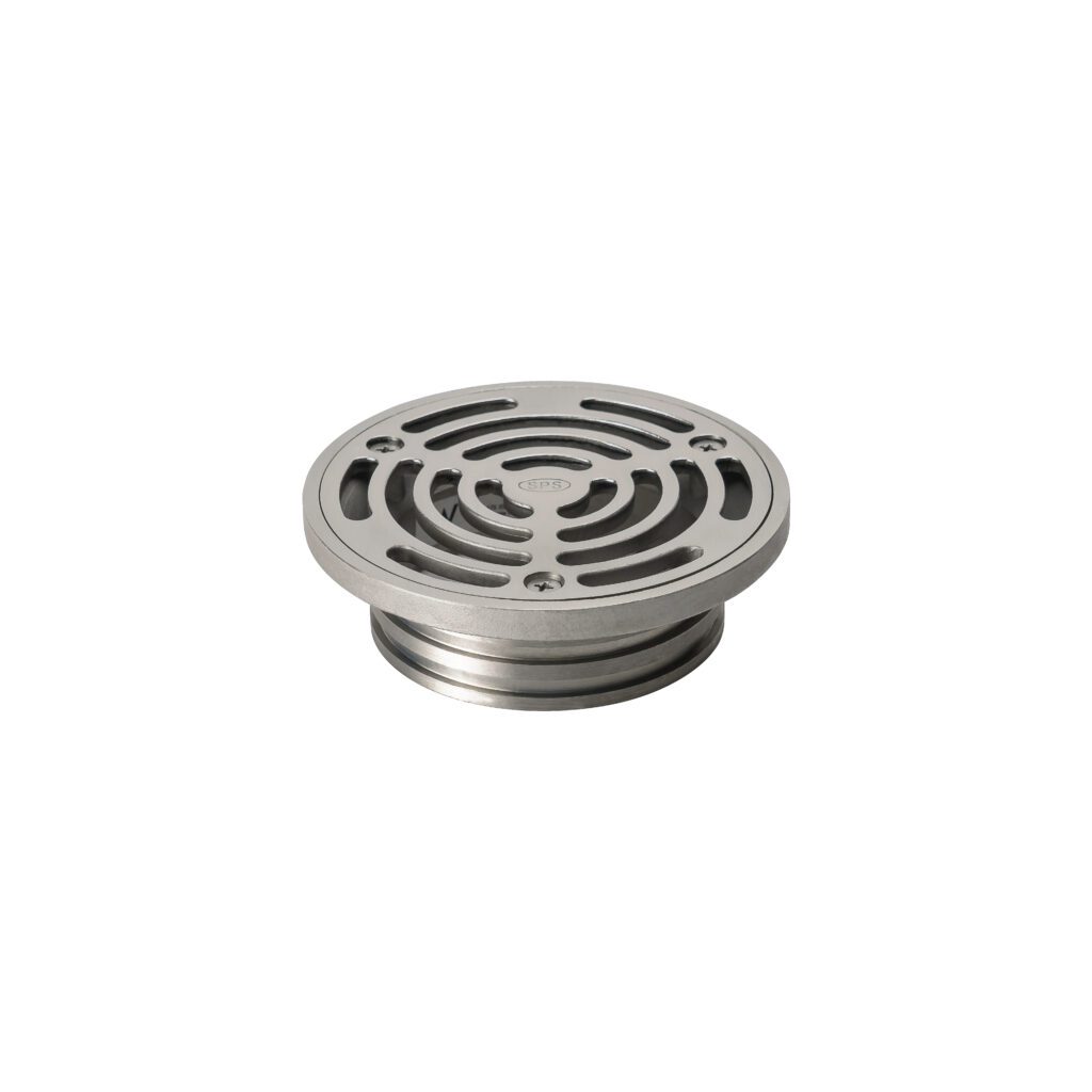 A stainless steel floor drain cover with circular slotted holes and a slightly raised edge, shown against a plain white background.