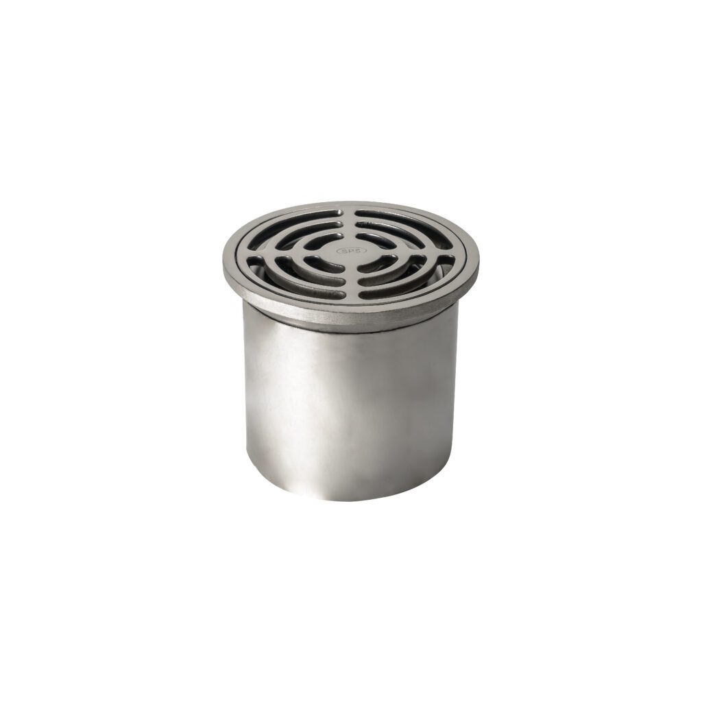 A stainless steel floor drain with a round, slotted grate top and a cylindrical body, isolated on a white background.