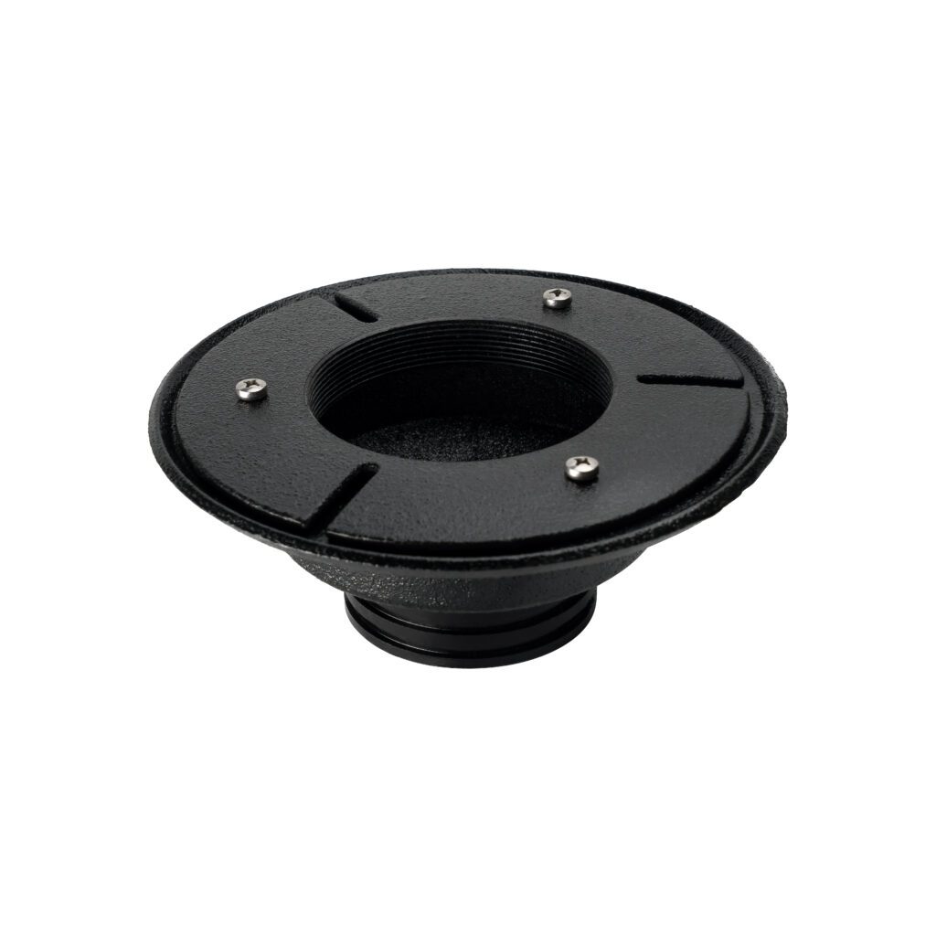 A black, round metal mounting flange with a central threaded hole and three visible screws, isolated on a white background.