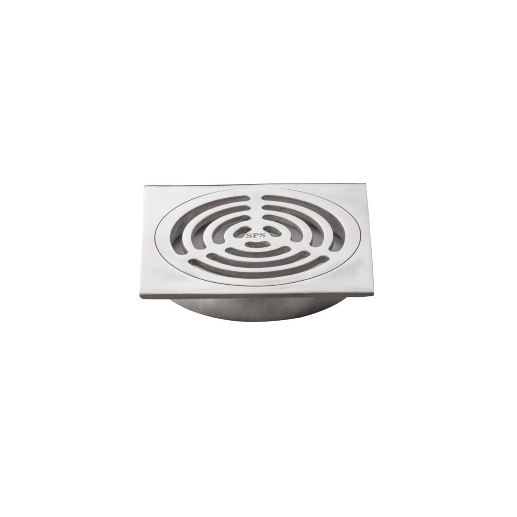 A metal floor drain with a square top and circular slotted grate, featuring the letters "SPS" in the center, isolated on a white background.